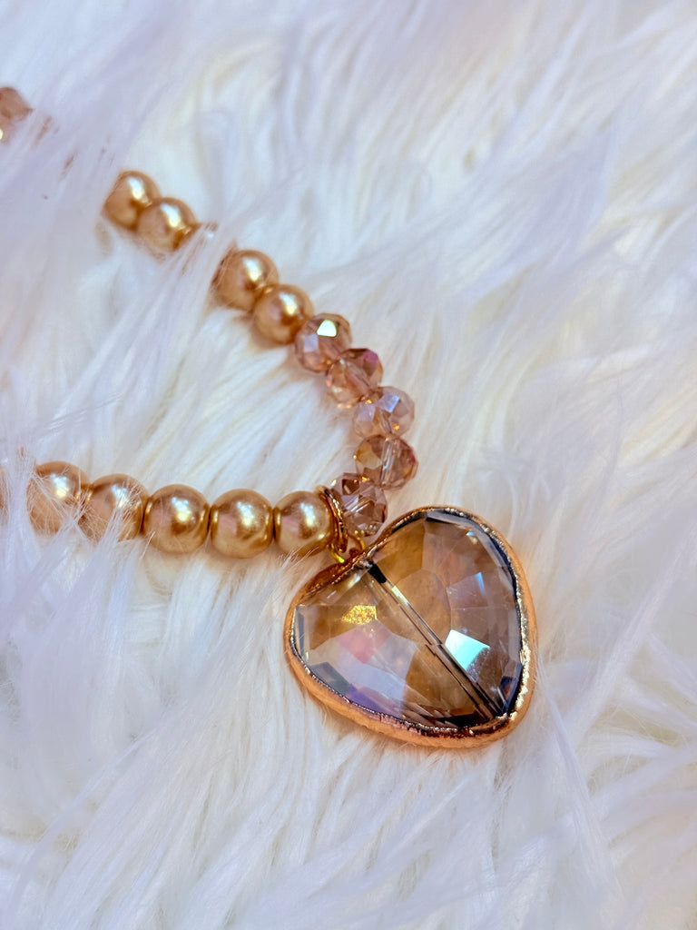 Say I Do Gold Beaded and Glass Heart Necklace