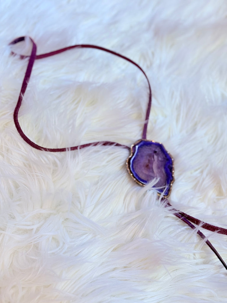 Violet Marble Slab & Leather Bolo Necklace