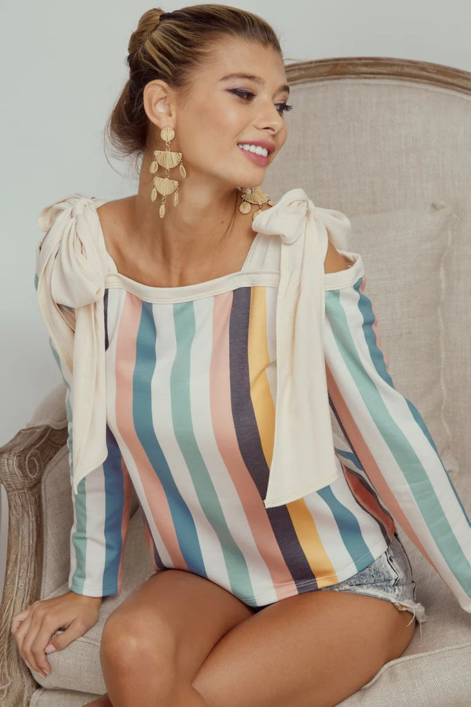 Pastel Multi Stripe Cold Shoulder Top