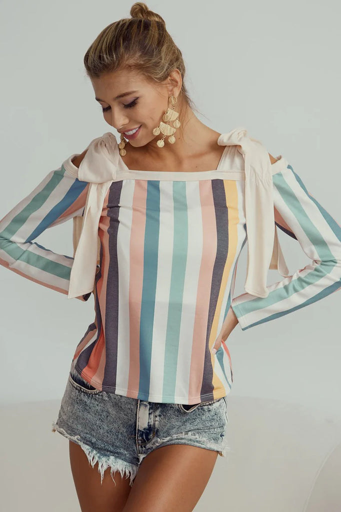 Pastel Multi Stripe Cold Shoulder Top