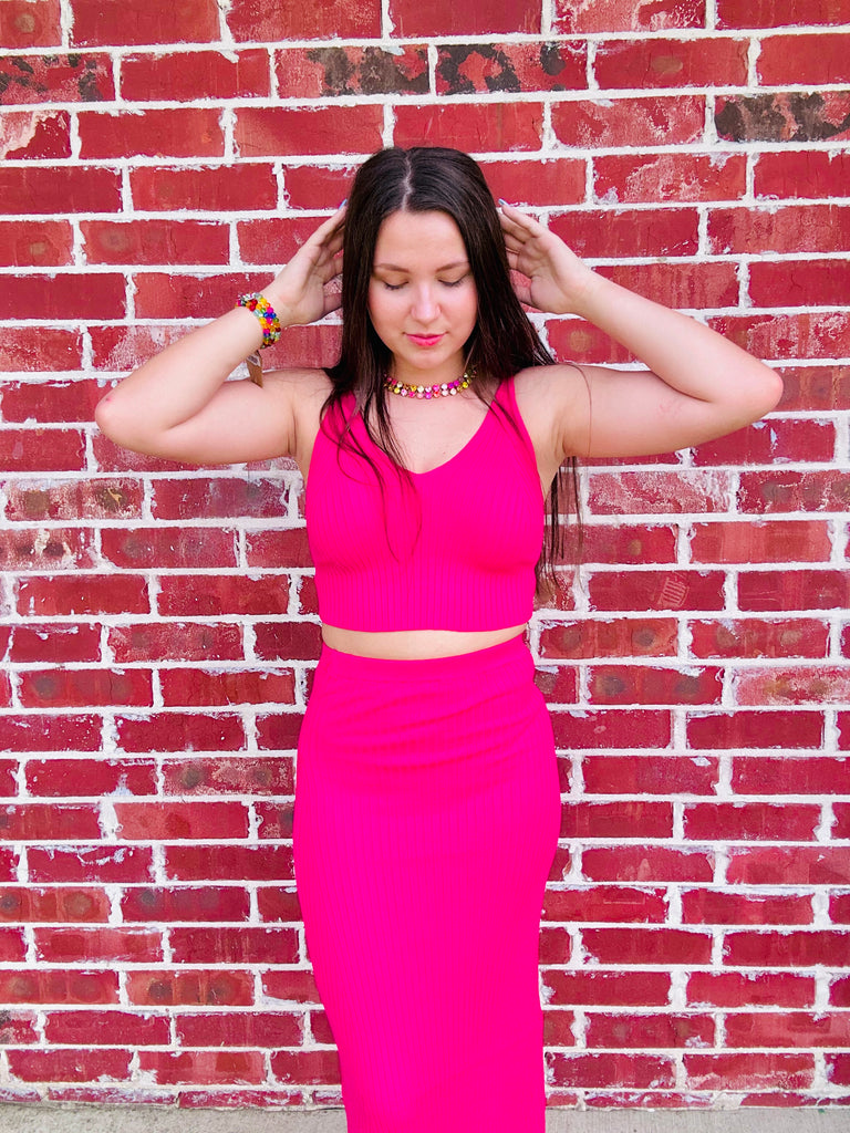 Fuchsia Fit and Flared Rio Ribbed Two Piece Set