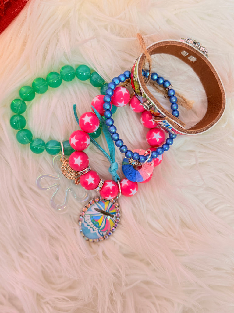 Floral Sky Leather and Charm bracelet Stack