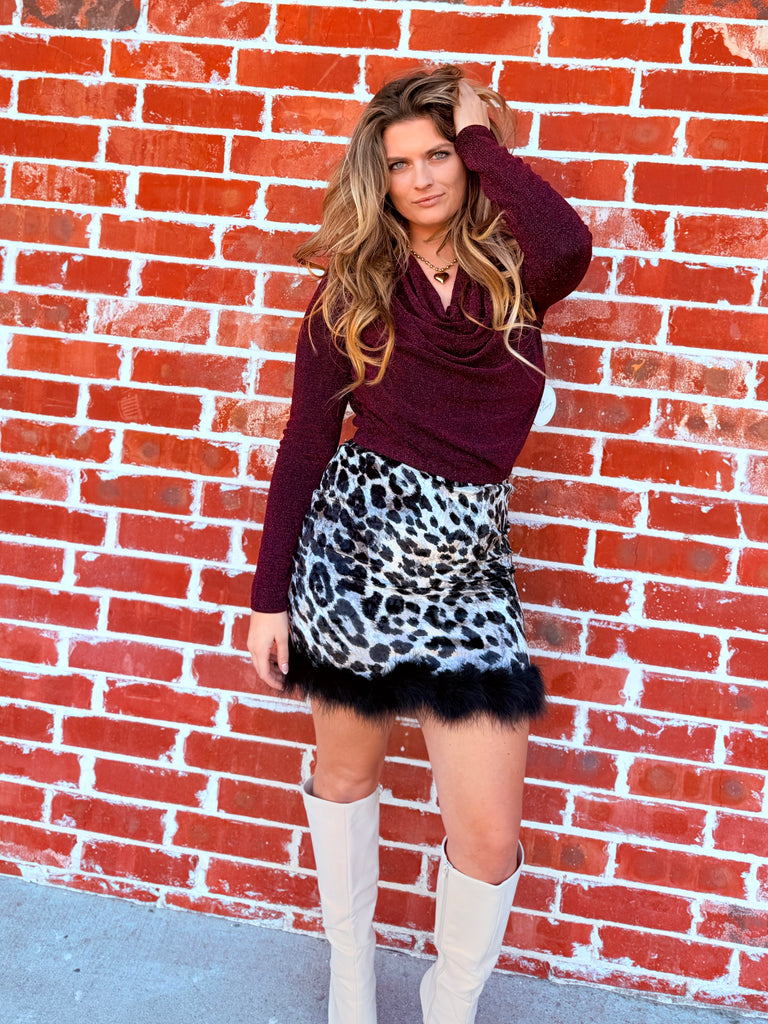 Animal Printed Fur Toss Back Velvet Skirt