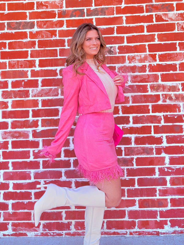 Pink Lux Suede Trimmed Blazer & Skirt Set