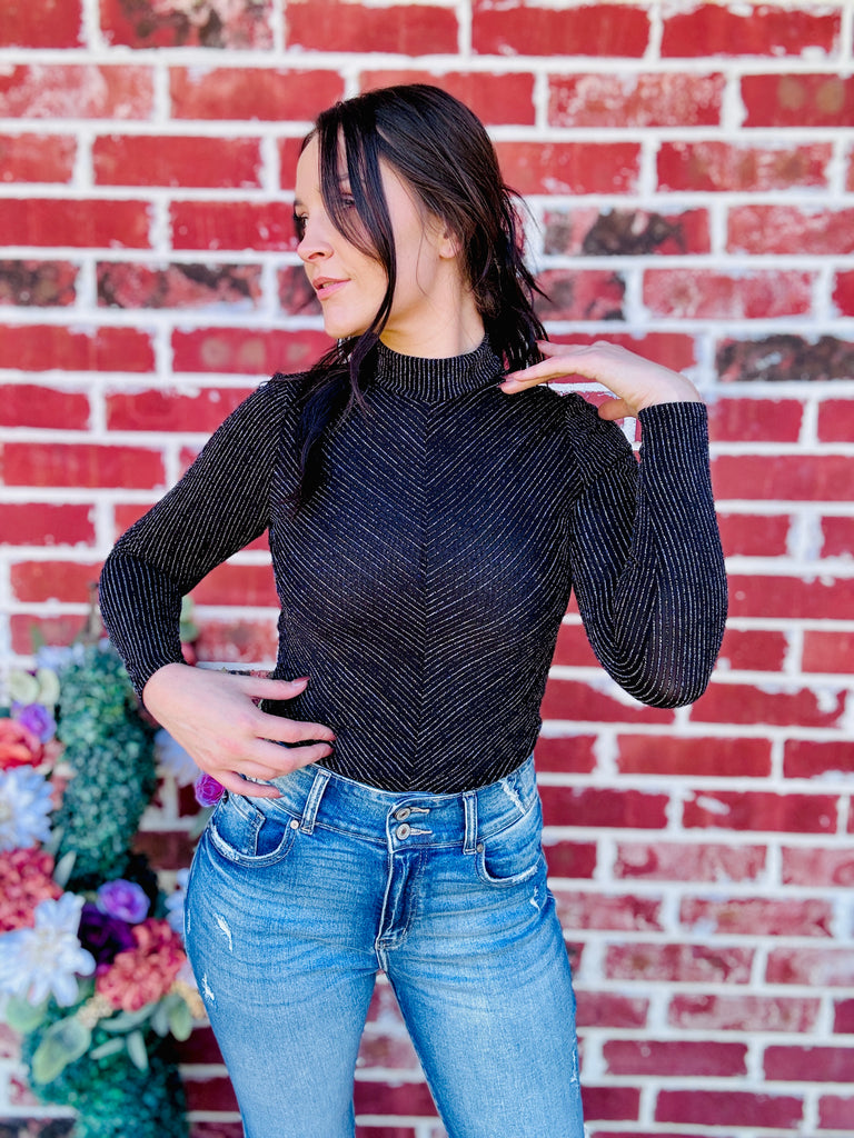 Black Radiant & Regal Fall Glitter Mock Neck Top