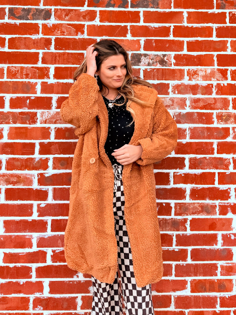 Camel Chasing Stepping into Luxe Sherpa Long Fur Jacket