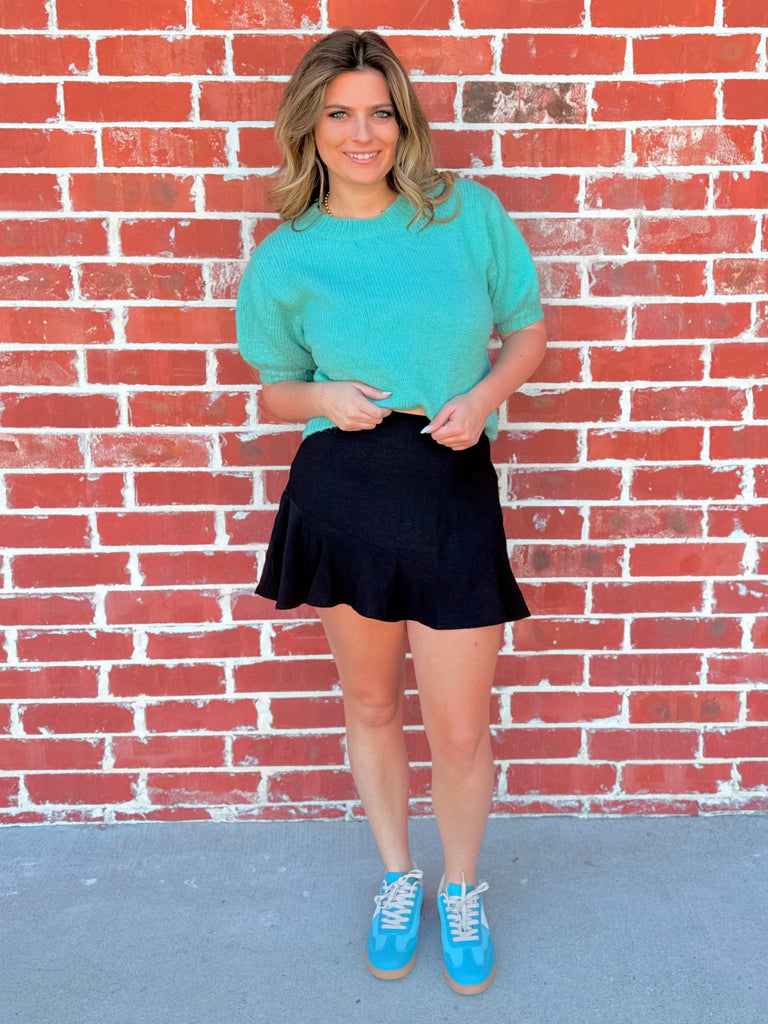 Short Puff Sleeve Knit Pullover Top in Jade