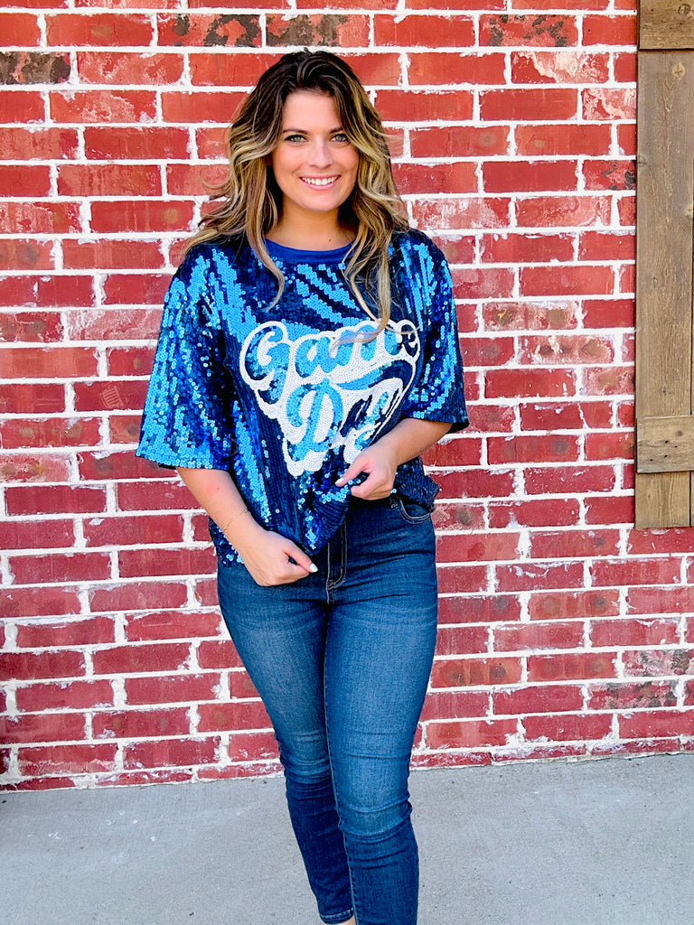 Royal Blue Sequin Game Day Jersey Top