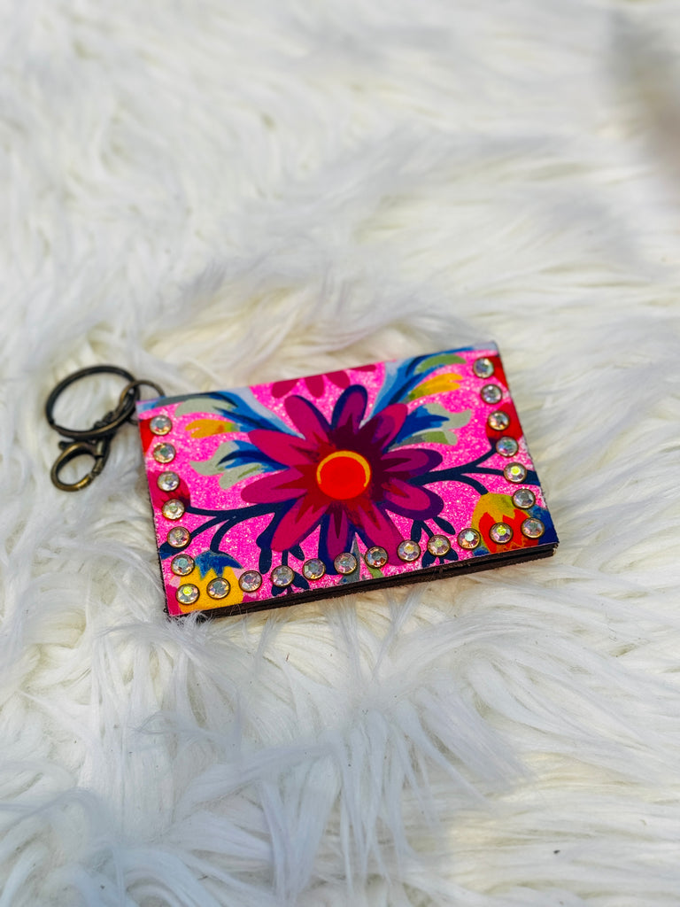 Glitter Pink Floral Becca Leather Card Holder