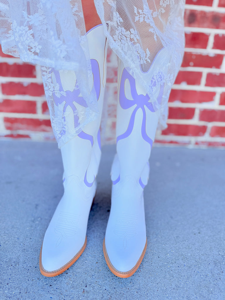 The Ruby Lavender Bow Tooled White Western Knee High Cowboy Boots