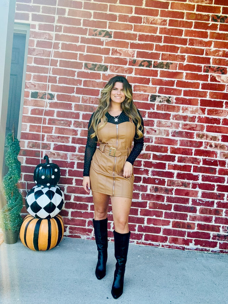 Camel Something Fierce Faux Leather Fall Overall Dress