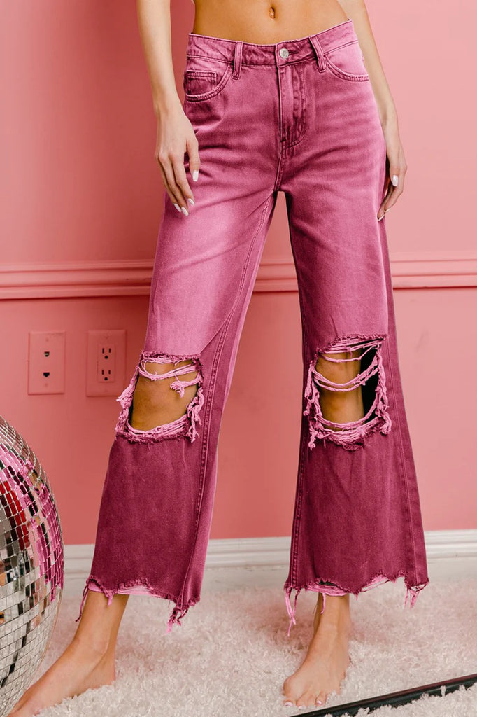 Distressed Vintage Washed Wide-Leg Denim Jeans in Pink