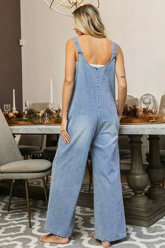 Washed Denim Buttoned Overall Jumpsuit Romper