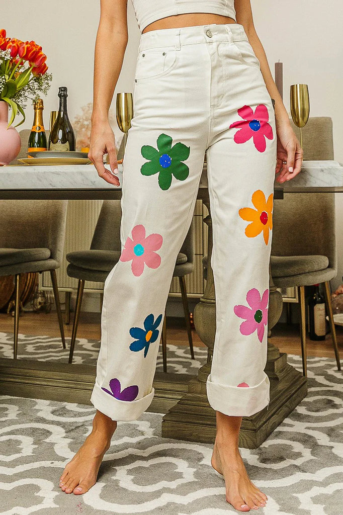 So 90s Floral Printed Denim Jeans in White