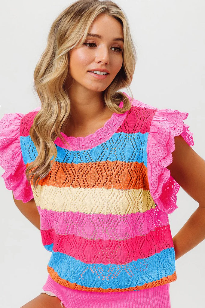 Pointelle Multi-Color Striped Knit Top - Bold