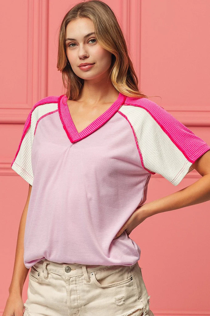 Pink Jersey Knit V-Neck Top with Cord Rib Combo