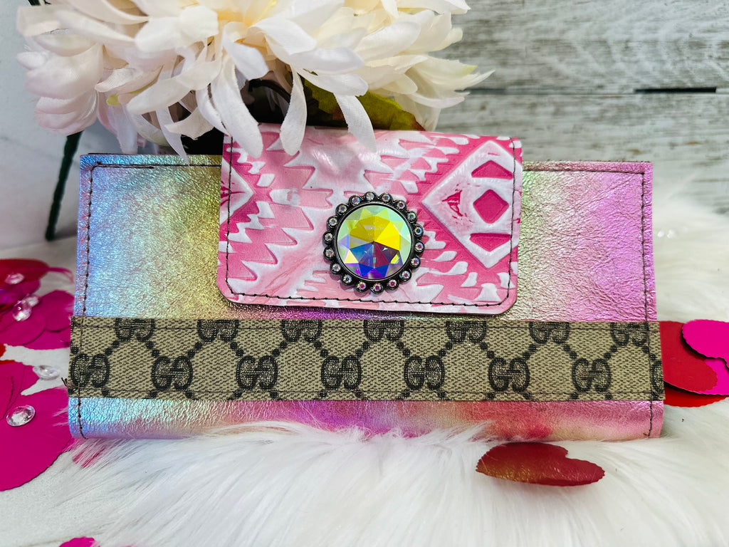 Bold Pink Aztec & Melted Metallic Leather Wallet