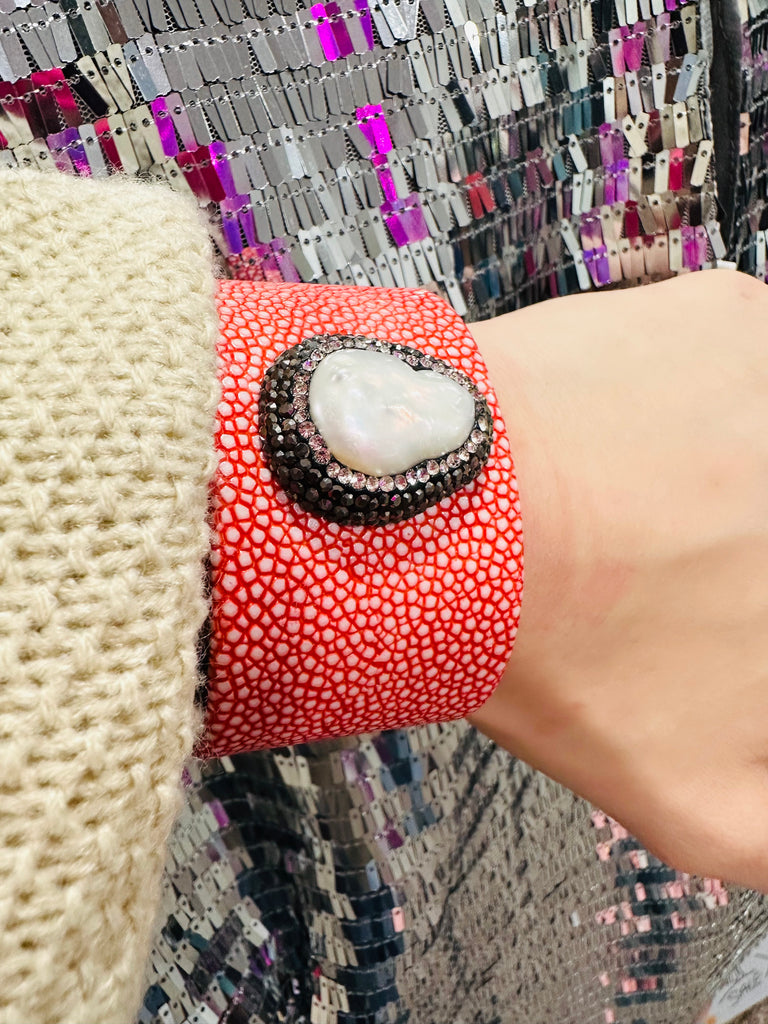Pearl Pave & Red Pebbled Leather Cuff