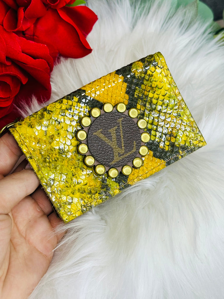 Brass Studded Yellow Viper Leather Card Holder