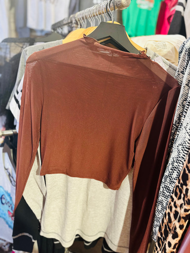 Fall Brown Vintage Ruffle Mesh Mock Top