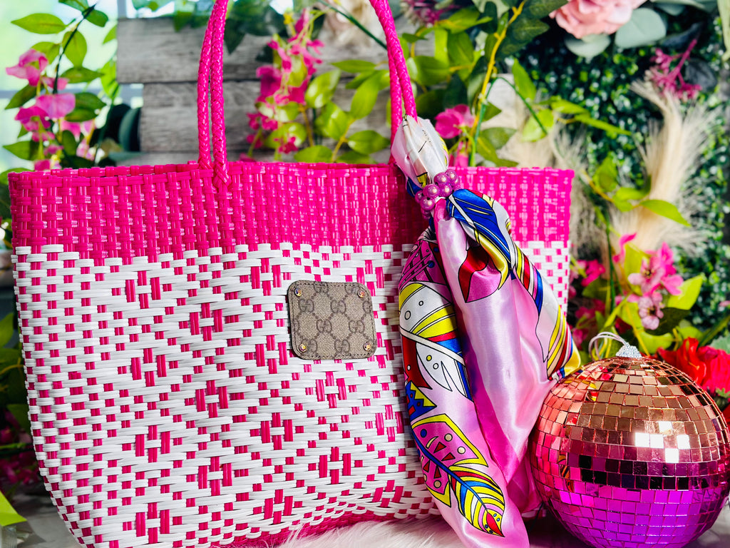Pink Woven Basket Shoulder Bag