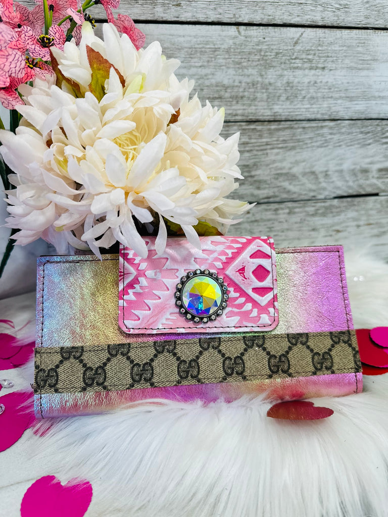 Bold Pink Aztec & Melted Metallic Leather Wallet