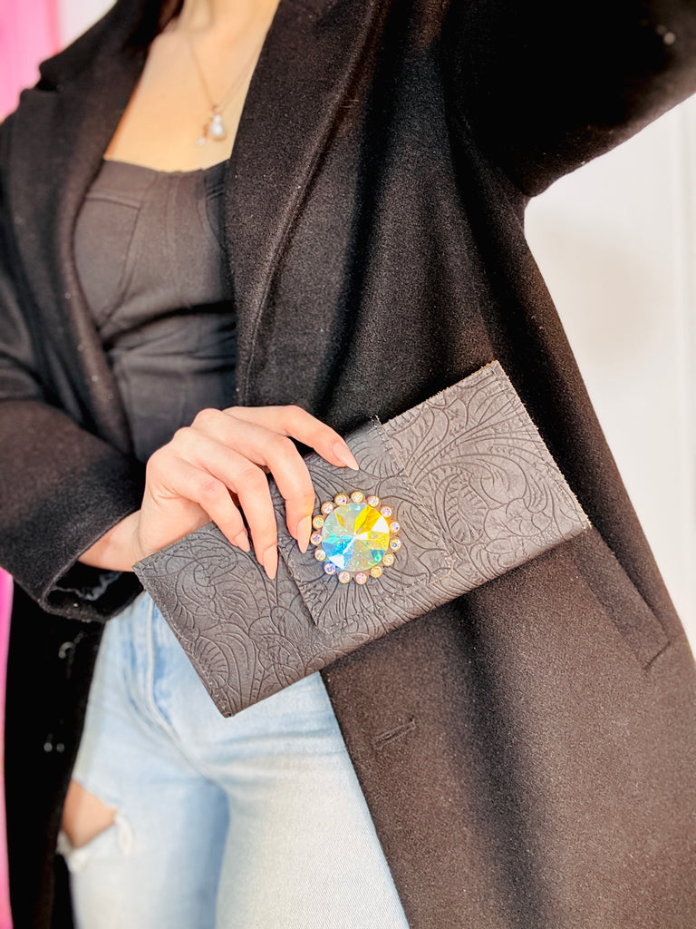 Matte Tooled Black Leather Crystal Concho Wallet Clutch