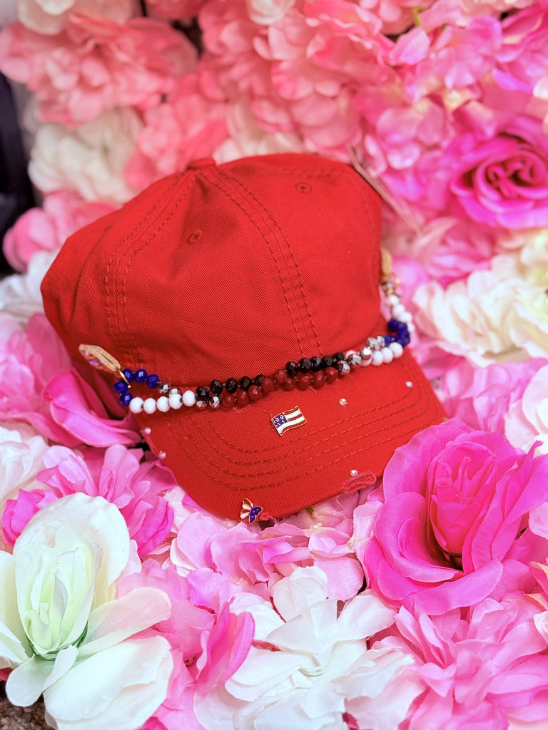 USA Beaded Charm and Pins Red Ballcap Hat