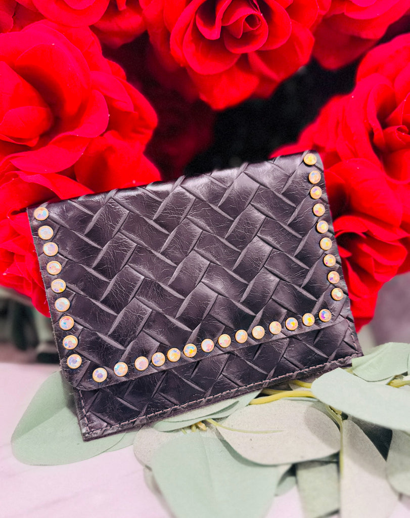 Black Woven AB Studded Flora Wallet