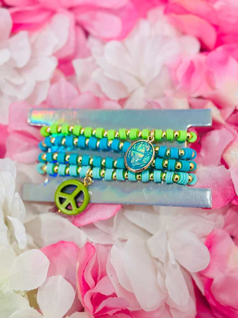 Neon Pop of Peace Multi Bracelet Set - Blues & Greens