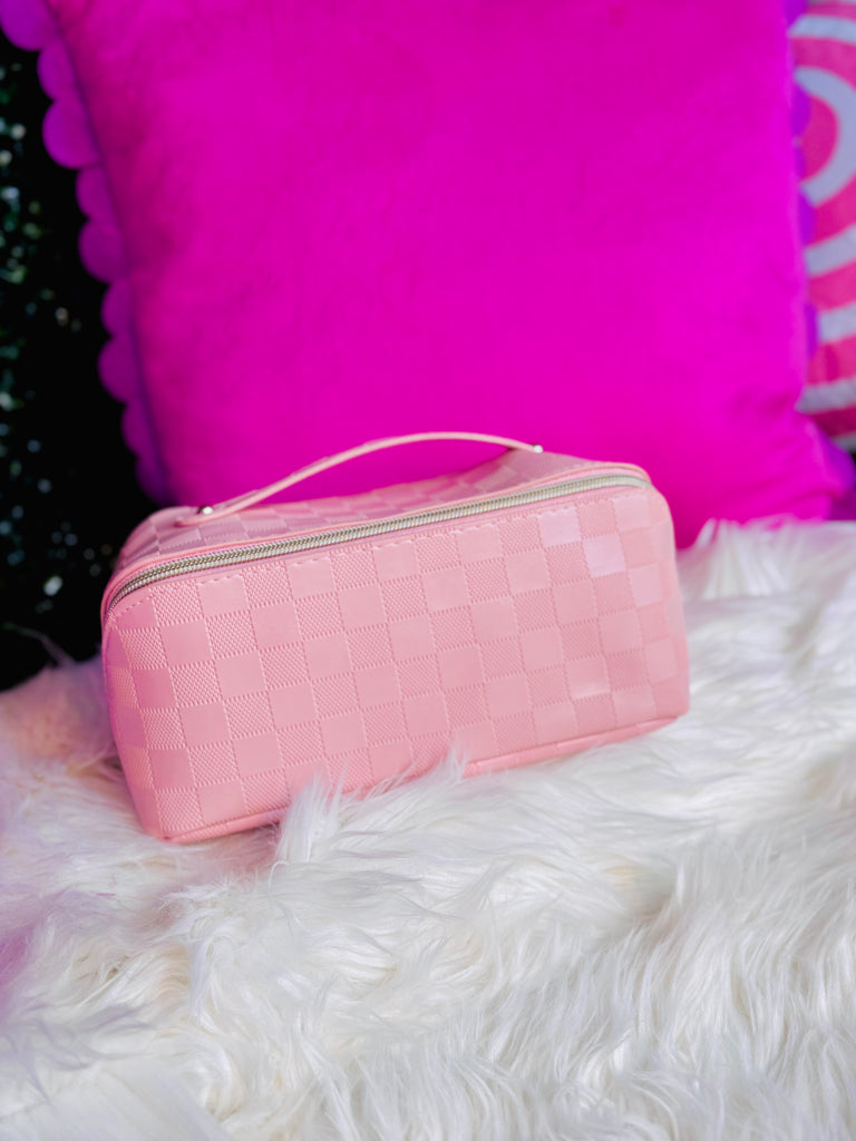 Pink Racer Checked Out Zipper Cosmetics Zip Up Bag