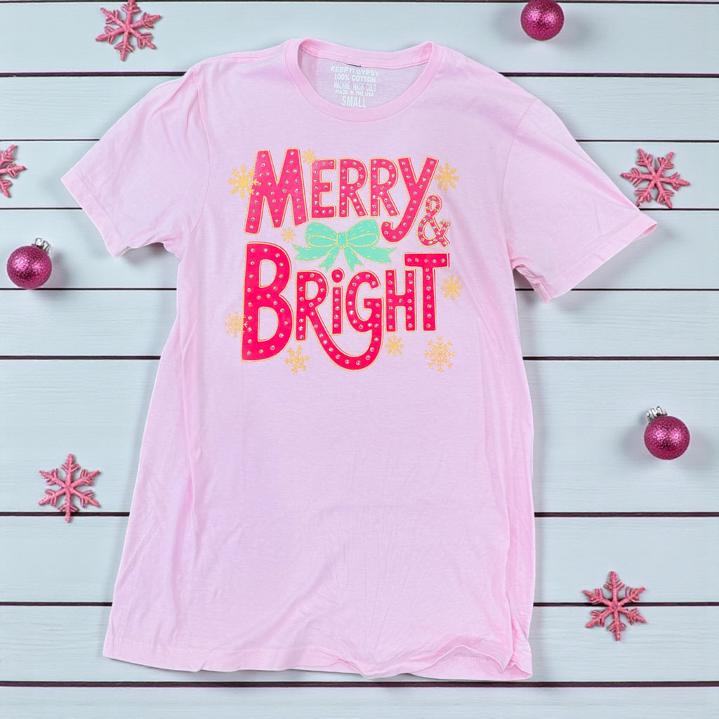 Studded Merry & Bright Tee in Pink