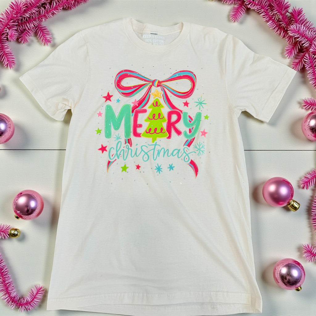 Merry Christmas Bow Tee in Cream