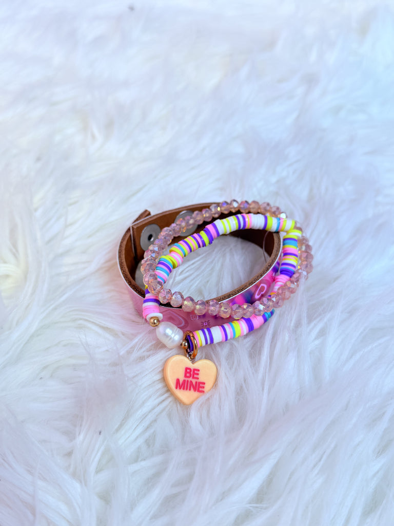 Spring Mix Candy Charm Leather Hearts Bracelet Set