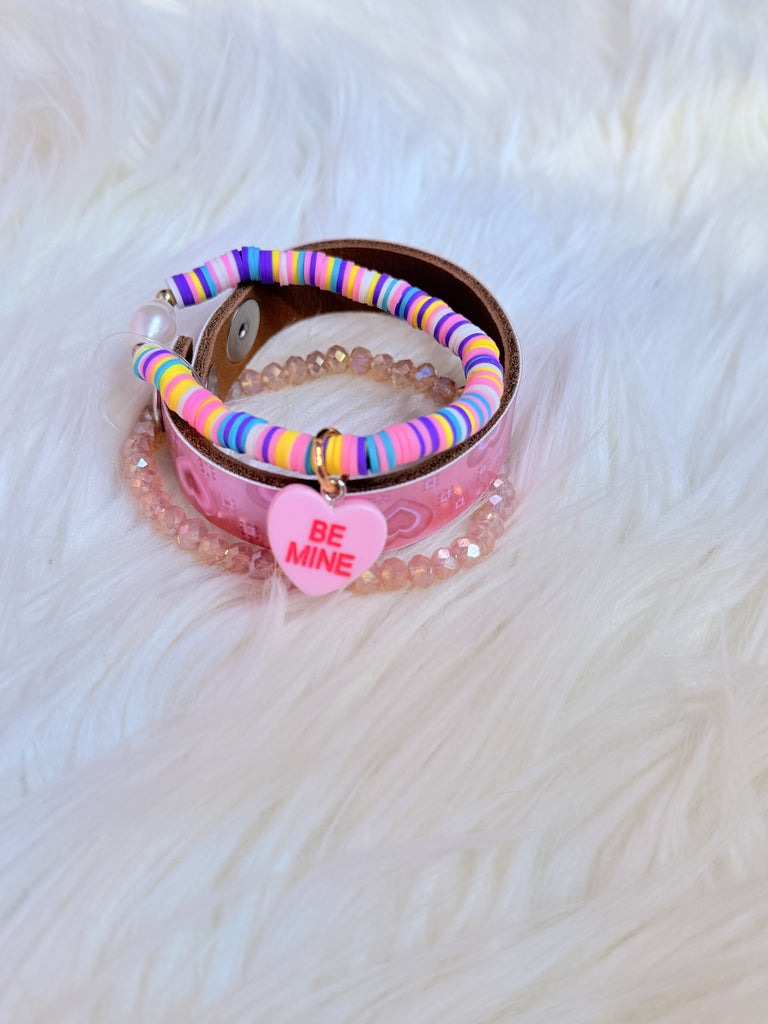 Spring Mix Candy Charm Leather Hearts Bracelet Set