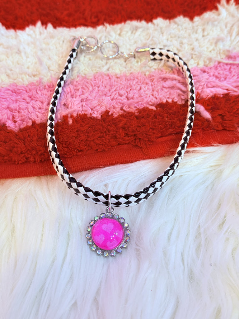 Full Pink Hearts Roped Around Toggle Necklace