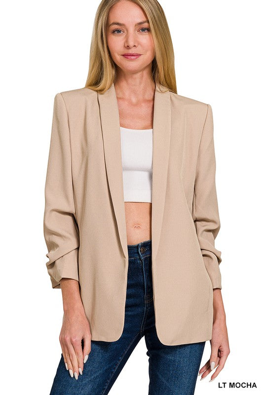 Fresh Springs Ruched 3/4 Sleeve Classic Blazer in Light Mocha