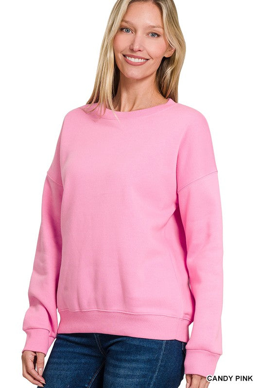 Candy Pink Classic Lighweight Crewneck Drop Shoulder Sweatshirt Top