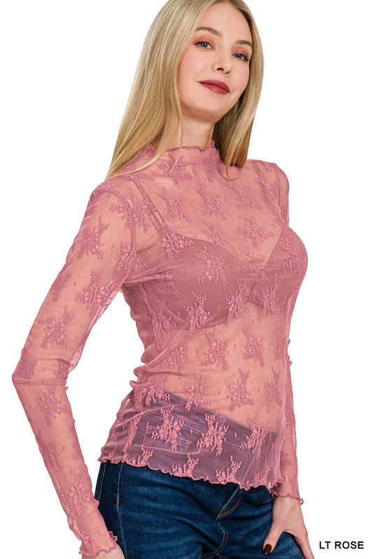 Light Rose Floral Lace Mesh Long Sleeve Layering Top