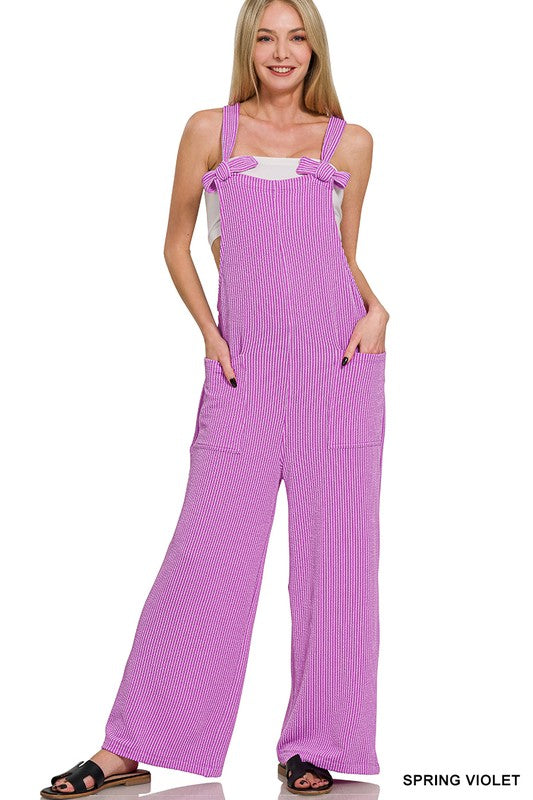 The Daisy Corded Ribbed Knot Relaxed Fit Overalls in Spring Violet