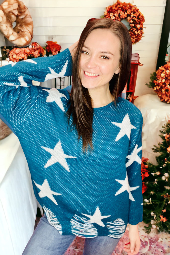 Distressed Shoot Stars Sweater- TEAL/IVORY