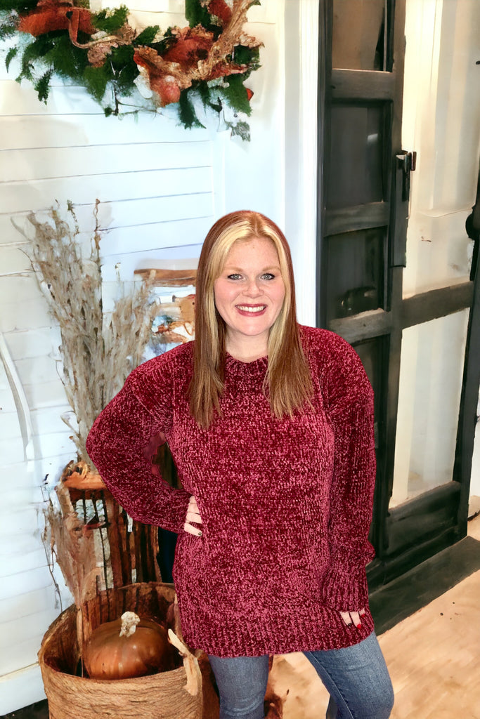 Take A Moment Oversized Chenille Sweater - Burgundy