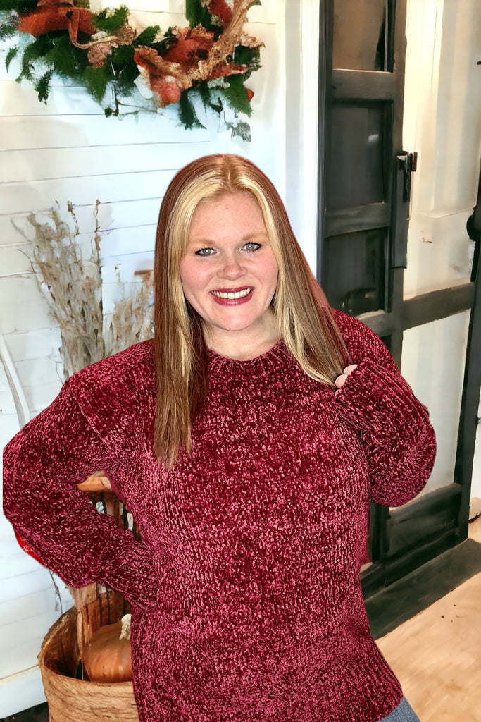 Take A Moment Oversized Chenille Sweater - Burgundy