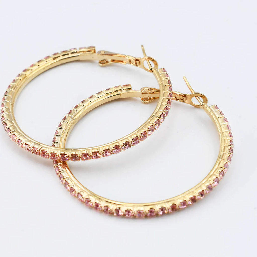 Mariah Crystal Gold Hoop Earrings in Pink