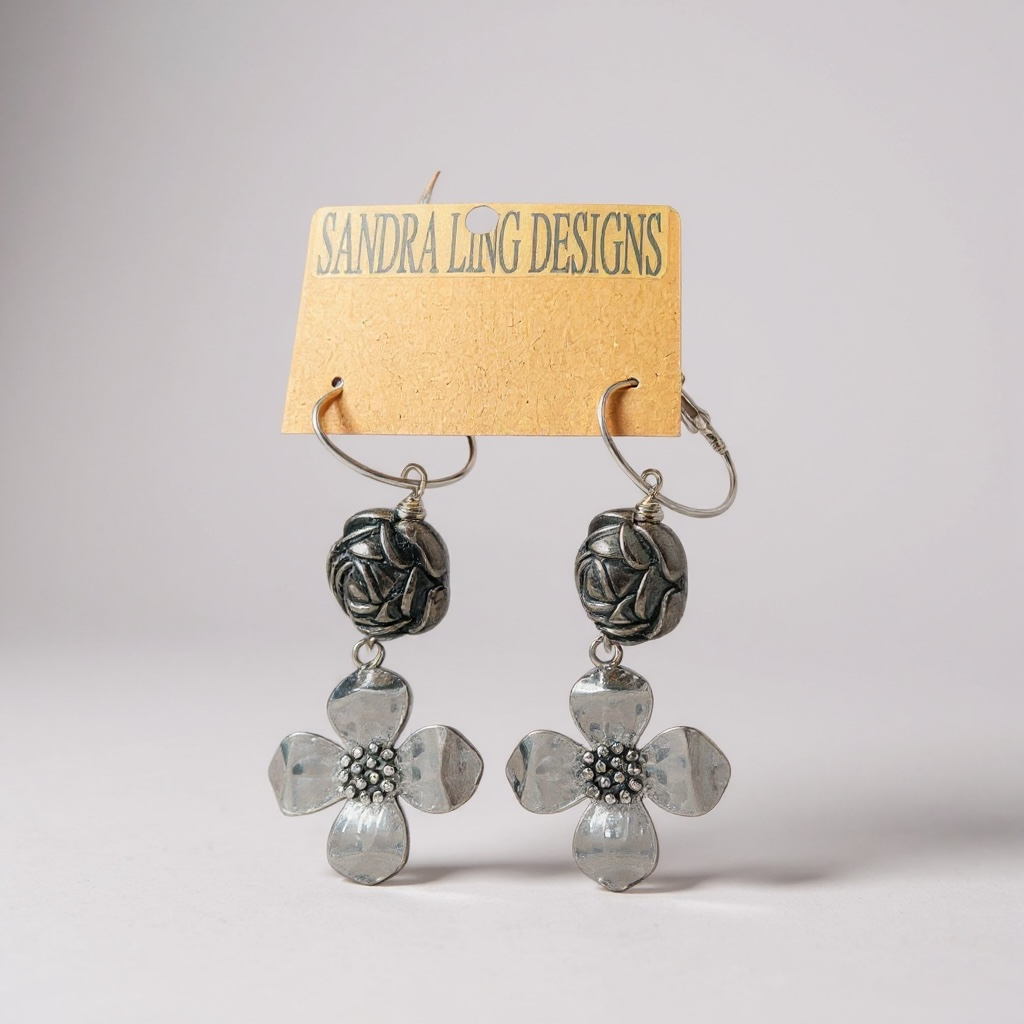 Vintage Silver Flower Dangle Earrings