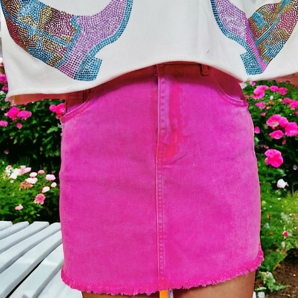 Hot Pink Acid Wash Frayed Skirt