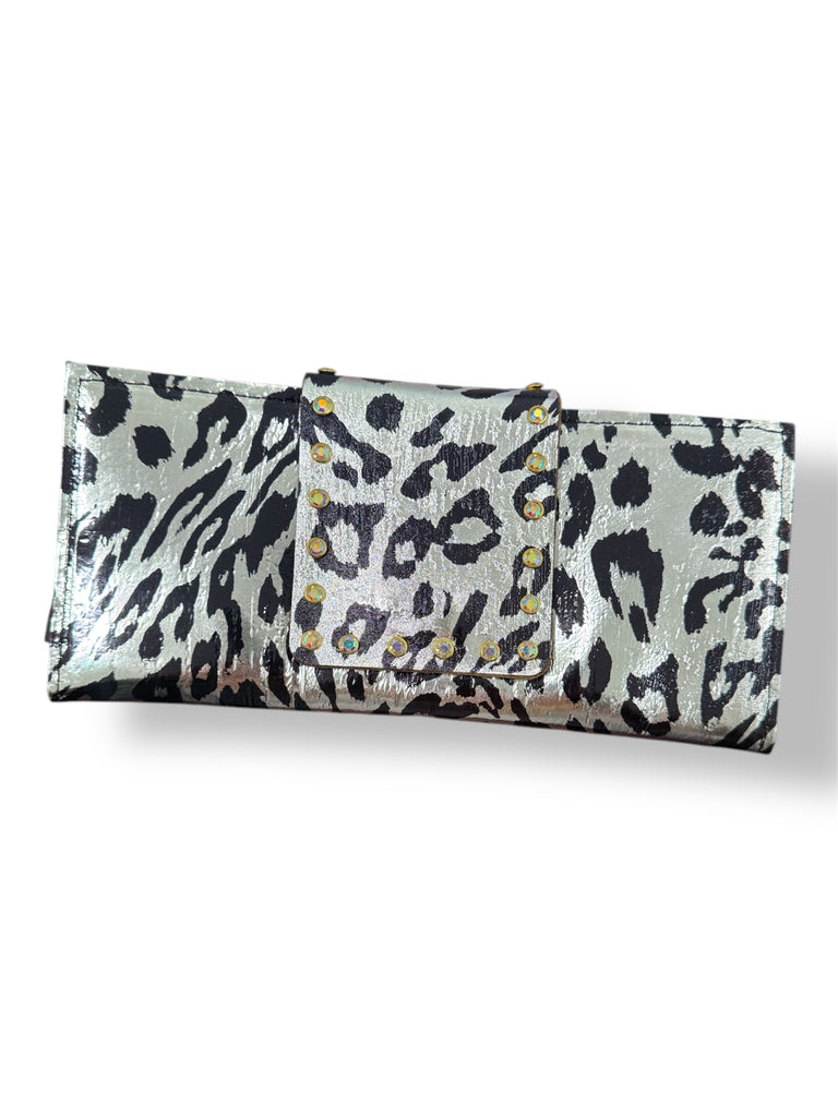 Silver Metallic Leopard Leather AB Wallet Clutch