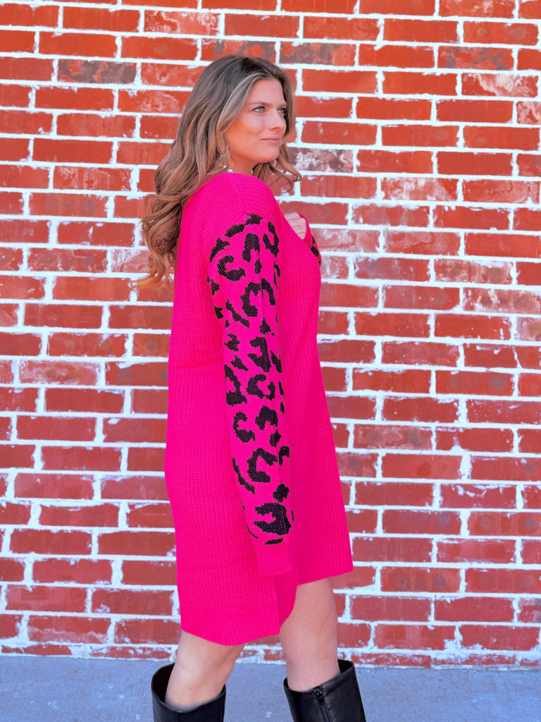 Feeling Frisk Pink Leopard Printed Sweater Dress