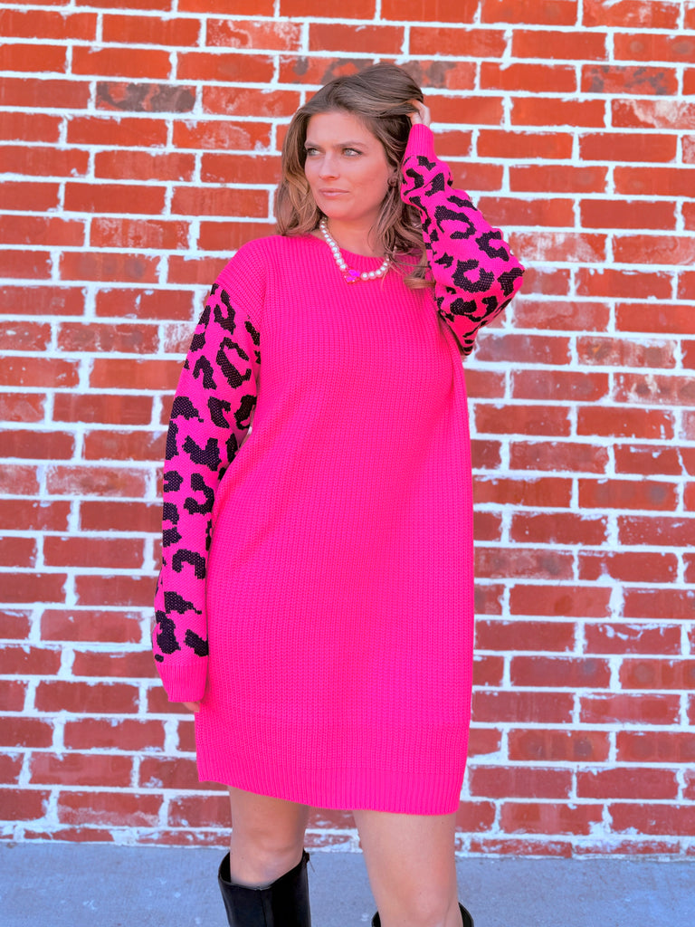 Feeling Frisk Pink Leopard Printed Sweater Dress