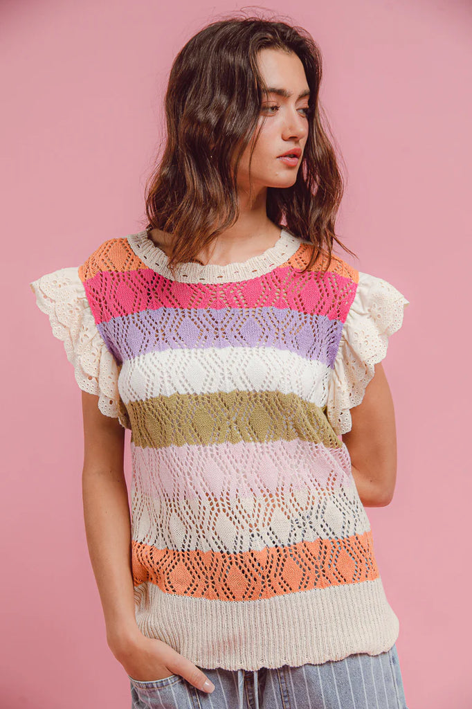 Pointelle Multi-Color Striped Knit Top - Pastel